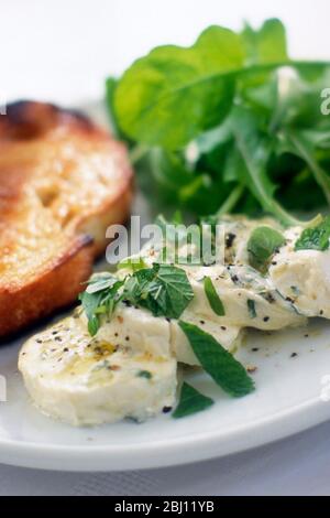 Salade de sumer fraîche de fromage de chèvre aux herbes et aux feuilles - Banque D'Images