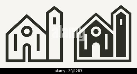 Contour minimal du bâtiment de l'église et icônes vectorielles solides Illustration de Vecteur