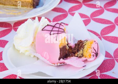 gâteaux éponge à la vanille et au chocolat, d'une seule torsion, recouverts de glace aux fraises et servis avec de la crème fouettée Banque D'Images