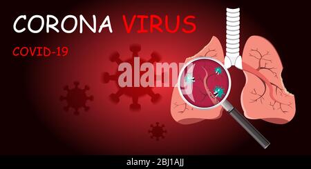 Endommagé par les cellules de Coronavirus avec loupe inspectant les affectés sur le poumon. COVID-19 avec le visage effrayant et mal mangeant le poumon. Concept 2019-nCoV Illustration de Vecteur