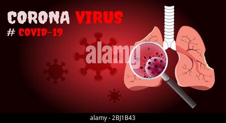 Endommagé par les cellules de Coronavirus avec loupe inspectant les affectés sur le poumon. COVID-19 avec le visage effrayant et mal mangeant le poumon. Concept 2019-nCoV Illustration de Vecteur