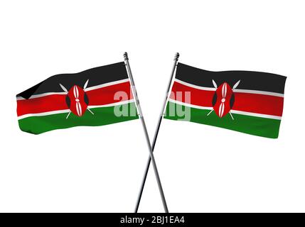 Drapeaux Kenya traversé isolé sur un fond blanc. Le Rendu 3D Banque D'Images