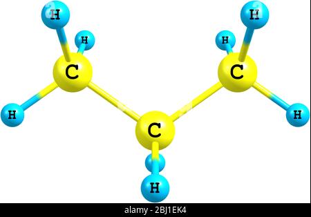 Le propane est un alcane à trois carbone dont la formule moléculaire est C3H8, normalement un gaz, mais compressible à un liquide transportable sur fond blanc Banque D'Images