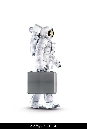 Astronaute avec valise / illustration tridimensionnelle de costume d'espace portant une figure mâle tenant une grande mallette isolée sur fond de studio blanc Banque D'Images