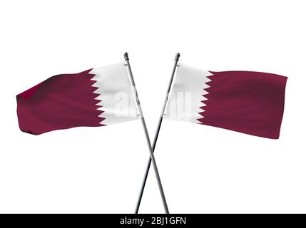 Le Qatar drapeaux croisés isolé sur un fond blanc. Le Rendu 3D Banque D'Images