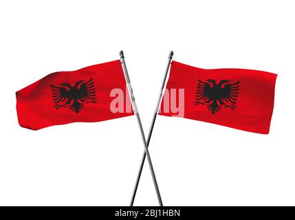 L'Albanie drapeaux croisés isolé sur un fond blanc. Le Rendu 3D Banque D'Images