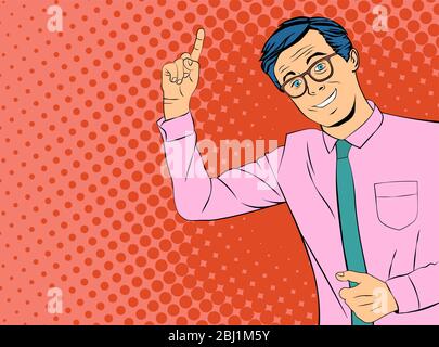 Jeune homme d'affaires donnant des conseils pointant vers le haut avec index. Illustration vectorielle de style pop art Illustration de Vecteur