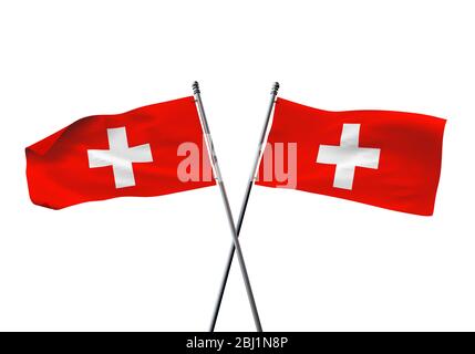 La Suisse drapeaux croisés isolé sur un fond blanc. Le Rendu 3D Banque D'Images