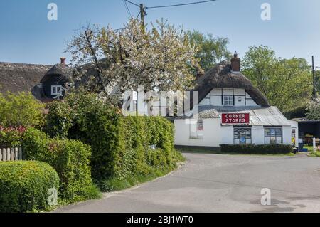 Chalets rustiques de chaume et le magasin local dans le village rural de Kings Somborne près de Stockbridge dans le Hampshire, Angleterre, Royaume-Uni Banque D'Images