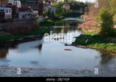 Die Neisse bei Görlitz führt Niedrigwasser, es fliesst kaum noch Wasser das Wehr herunter. Görlitz, 27.04.2020 Banque D'Images