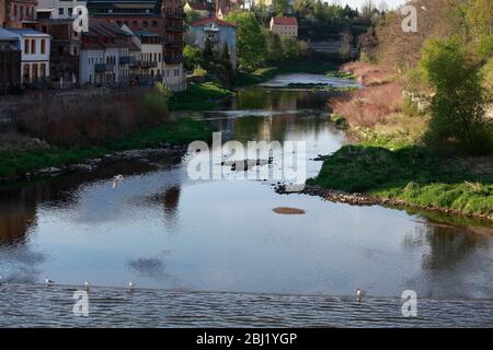 Die Neisse bei Görlitz führt Niedrigwasser, es fliesst kaum noch Wasser das Wehr herunter. Görlitz, 27.04.2020 Banque D'Images