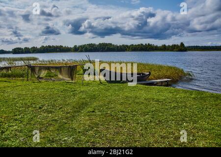 Bateau sur la rive.sur une plage douce se trouve un bateau en bois. La rive est couverte d'herbe. Près des roseaux de rivage surcultivés. Russie, nature, paysage Banque D'Images