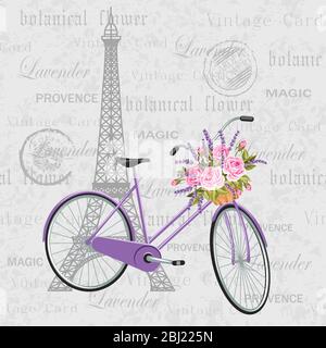 Vélo violet avec un panier plein de fleurs. Arrière-plan carte postale vintage avec la tour eiffel. Illustration vectorielle Illustration de Vecteur