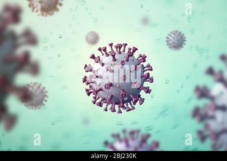 Illustration médicale, microbe du virus du coronavirus avec pics de glycoprotéines, de protéines M, de protéines E et d'Hemmagglutine-estérase, sur fond gris Banque D'Images