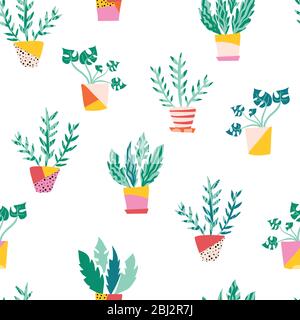 Plant pots modèle vectoriel transparent. Répétition avec plantes en pots de style scandinave plat. Décoration des plantes de la salle. À utiliser pour le tissu, le papier peint Illustration de Vecteur