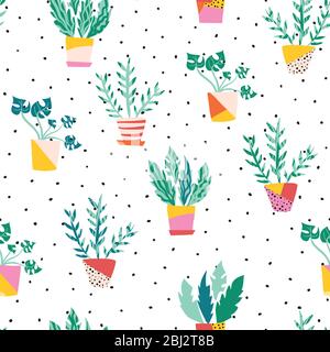 Plantes intérieures en pots en céramique colorés à vecteur sans couture. Répétition de l'arrière-plan avec des plantes en pots de style scandinave plat. Décoration des plantes de la salle Illustration de Vecteur