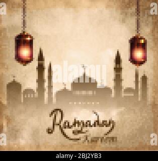 Ramadan contexte avec mosquée dans le ciel, et lanternes arabes dorées. Illustration de Vecteur