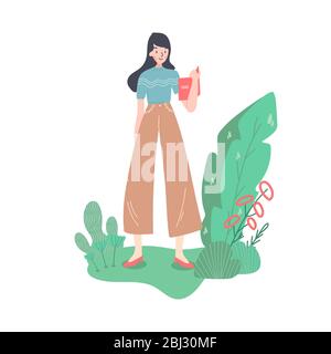 Bonne femme d'affaires en pleine hauteur. Se tient le bureau. Interwiewer, travailleur, designer ou tout le monde. Vêtements et chaussures à l'ancienne. Illustration de Vecteur