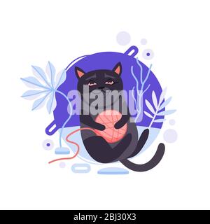 Chat noir de dessin animé birman sautant et tenant un rouleau pour tricoter. Il est content et l'animal le plus heureux de cette planète. Illustration de Vecteur