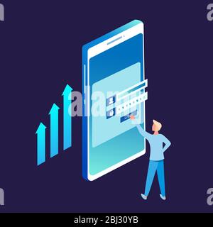 Formulaire d'inscription ou interface utilisateur de connexion. Un homme se tient devant des données sécurisées saisies. Un grand écran mobile est plein d'éléments graphiques simples. Illustration de Vecteur