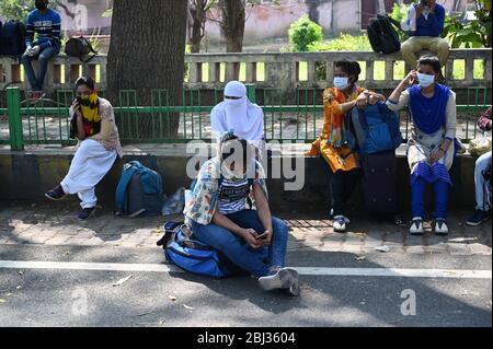 Prayagraj, Inde. 28 avril 2020. Les étudiants en détresse de divers districts de l'Uttar Pradesh en file d'attente pour monter dans les autobus du gouvernement de l'Uttar Pradesh ont organisé des autobus routiers pour envoyer des étudiants dans leur ville natale pendant que le gouvernement a imposé un verrouillage national comme mesure préventive contre la COVID-19 à Prayagraj, en Inde, le 28 avril 2020. (Photo de Prabhat Kumar Verma/Pacific Press/Sipa USA) crédit: SIPA USA/Alay Live News Banque D'Images