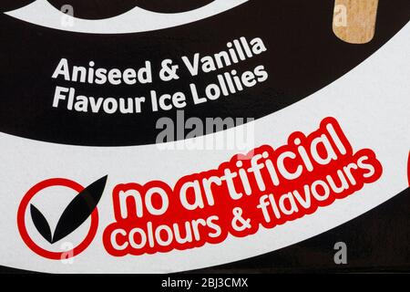 Pas de détails de couleurs et saveurs artificielles sur la boîte de barratt Black Jack anis & vanille saveur glace lollies Banque D'Images