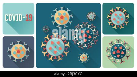 Illustration vectorielle concept de COVID-19 infection par le coronavirus avec une ombre longue. Icônes de virus stylisées plates colorées. Illustration de Vecteur