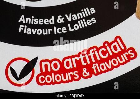 Pas de détails de couleurs et saveurs artificielles sur la boîte de barratt Black Jack anis & vanille saveur glace lollies Banque D'Images
