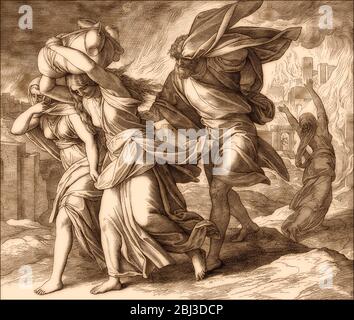 Lot et sa famille fuyant Sodome et Gomorrah, ancien Testament, par Julius Schnorr von Carolsfeld, 1860 Banque D'Images