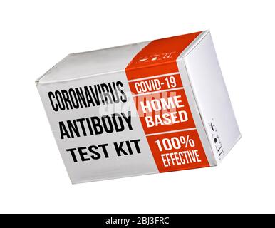 Mockup d'un kit de test d'anticorps anti-immunité Covid-19 adapté à une utilisation à domicile pour déterminer l'état immunitaire isolé sur fond blanc Banque D'Images