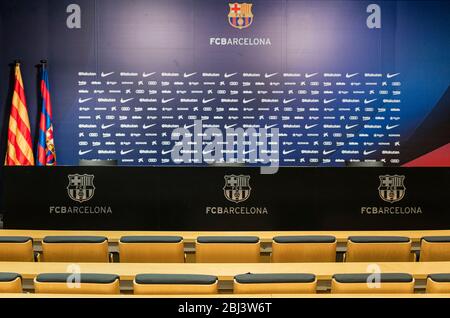 Salle de presse du FC Barcelona dans le stade Camp Nou de Barcelone. Banque D'Images