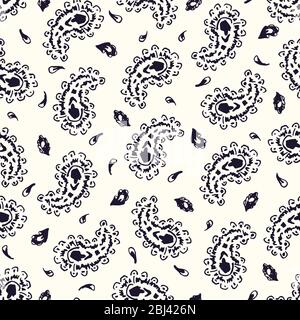 Encre artistique dessinée à la main Noir et blanc Paisley Swirls Vector Seamless Pattern Illustration de Vecteur