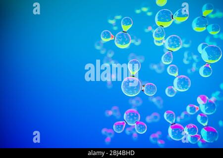 Rendu tridimensionnel : modèles de molécules d'eau de 2 O en face du fond bleu. Réflexions colorées. Copiez l'espace vers la gauche ou la droite (ou vers le haut/le bas lorsqu'il est utilisé Banque D'Images