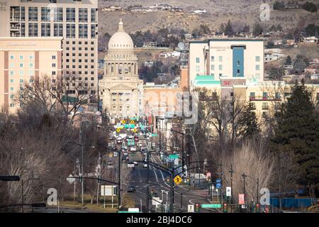 Vue sur le centre-ville de Boise vue depuis le dépôt ferroviaire de Boise en hiver. Banque D'Images