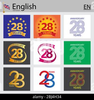 Ensemble de motifs de célébration de vingt-huit ans (28 ans). Éléments de modèle de numéro vectoriel anniversaire pour votre fête d'anniversaire Illustration de Vecteur