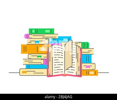Pile de livres avec livre ouvert. Lecture du concept de livres papier. Illustration vectorielle à ligne fine plate. Icône de la librairie. Bibliothèque en ligne pour le téléchargement d'eboo Illustration de Vecteur