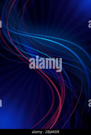 Les rayures bleues satinées vives se recoupent avec des rayures bordeaux sur un fond bleu foncé avec un éclairage aux coins et recouvertes d'un rayon bleu transparent Banque D'Images