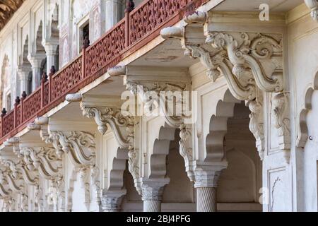 Détails de la façade dans le fort historique d'Agra de la dynastie Mughal emperors, site classé au patrimoine mondial de l'UNESCO à Agra, Uttar Pradesh, Inde Banque D'Images