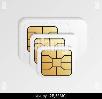 Cartes SIM vierges de différentes tailles. Carte téléphonique standard, micro et nano. Illustration de Vecteur