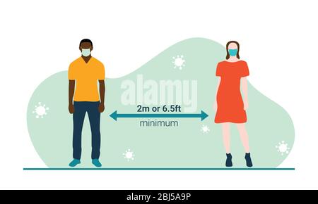 Homme et femme debout ensemble tout en pratiquant la distanciation sociale en se tenant à 2 mètres ou 6 pieds à l'écart avec la flèche et le coronavirus COVID-1 ou les germes. Illustration de Vecteur