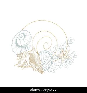 Couronne d'art marin, ligne spiralée seastar et Ocean seashell, cadre géométrique vectoriel en or. Coraux turquoise de récif sous-marins sur fond blanc pour mariage, voyage d'été et vacances tropicales design Illustration de Vecteur