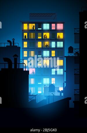 Un grand bloc d'appartements avec des gens à l'intérieur donnant sur les fenêtres la nuit. Illustration vectorielle. Illustration de Vecteur