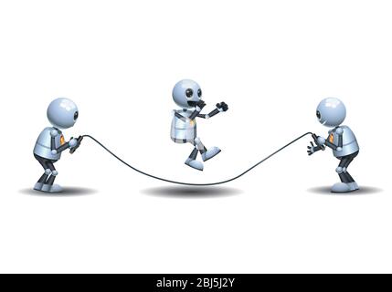 illustration tridimensionnelle de trois petits robots les enfants jouant sauter la corde sur fond blanc isolé Banque D'Images