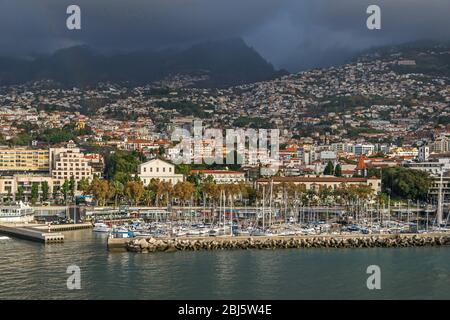 Funchal, Portugal - 10 novembre 2019: Baie de Funchal avec Marina et promenade en bord de mer Avenida do Mar avec bâtiments du Théâtre Baltazar Dias et t Banque D'Images