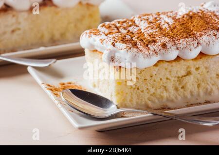 Le gâteau Tres lsues, dessert typiquement latino-américain, est composé de lait condensé, de lait évaporé et de crème de lait Banque D'Images