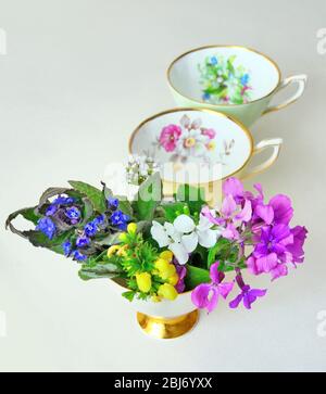 Une sélection de fleurs britanniques sauvages cueillies à la main dans la première d'une série de trois teacups de chine à finebone vintage Banque D'Images