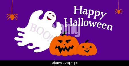 Bonne bannière vide halHalloween avec fantôme et dessin animé de citrouille. Fond bleu modèle de vacances ésoyeux, modèle vide. Bannière de fond de peur fantomatique, toile de fond. Éléments de conception vectoriels Illustration de Vecteur
