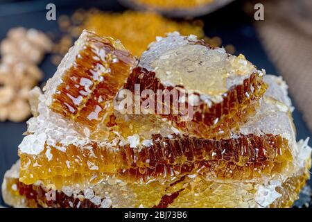 Gros plan magique en nid d'abeilles, récolte du miel, cueillette du miel. Nid d'abeilles biologique (miel de Karakovan turc) Istanbul, Turquie. Banque D'Images