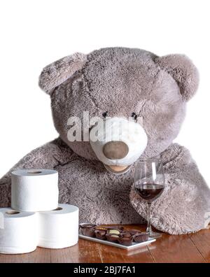 Le grand ours en peluche est prêt à être isolé chez soi lors de la fermeture du covid-19, avec du papier toilette, du vin et du chocolat Banque D'Images