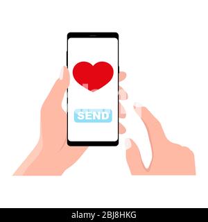Envoi du concept de message d'amour. Main tenant le téléphone avec le cœur, bouton d'envoi à l'écran. Écran tactile tactile Illustration de Vecteur